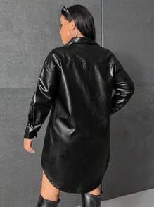 SHEIN EZwear Plus Button Front PU Leather Shirt Dress Without Belt - Black - View 2