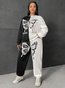 SHEIN EZwear 大碼雙色蝴蝶圖案落肩袖連帽衫和運動褲 - 黑與白 - 查看 3