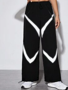 SHEIN PETITE Reflective Panel Drawstring Waist Wide Leg Pants - Black - View 4