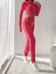 RueChic Mock Neck Crop Tee & Sweatpants - Pink - View 5
