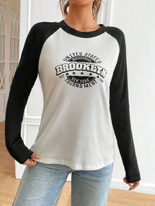 SHEIN EZwear Camiseta con estampado de letra de manga raglán - Blanco y Negro - Ver 3