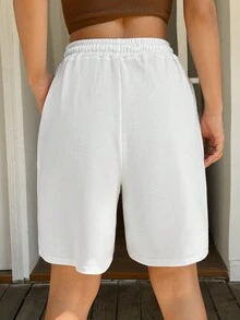 SHEIN EZwear Letter Graphic Drawstring Waist Track Shorts - White - View 2