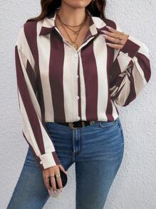 Celure Talla grande Camisa con estampado de rayas de hombros caídos - Multicolor - Ver 1