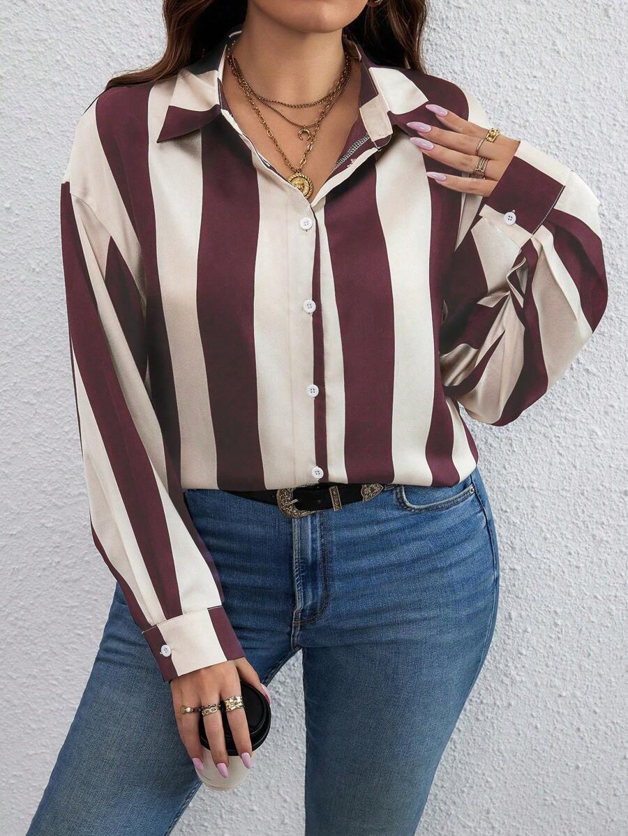 Celure Talla grande Camisa con estampado de rayas de hombros caídos - Multicolor - Ver 1