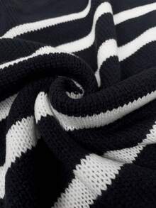 Women Striped Round Neck Batwing Long Sleeve Loose Casual Sweater, Autumn/Winter - Black and White - View 4