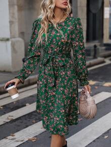 Đầm Thắt lưng Hoa Tất cả trên in Boho - màu xanh lá - Xem 3