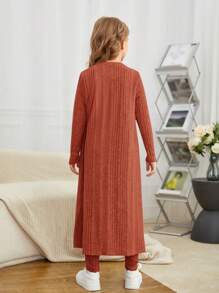 SHEIN Tween Girl 1pc Solid Tank Top & 1pc Open Front Coat & 1pc Pants - Rust Brown - View 2