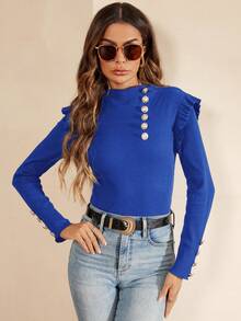 SHEIN Clasi 紐扣細節荷葉邊T恤 - 寶藍色 - 查看 4