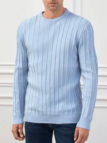 RueChic Men Solid Ribbed Knit Sweater - Blue - View 1