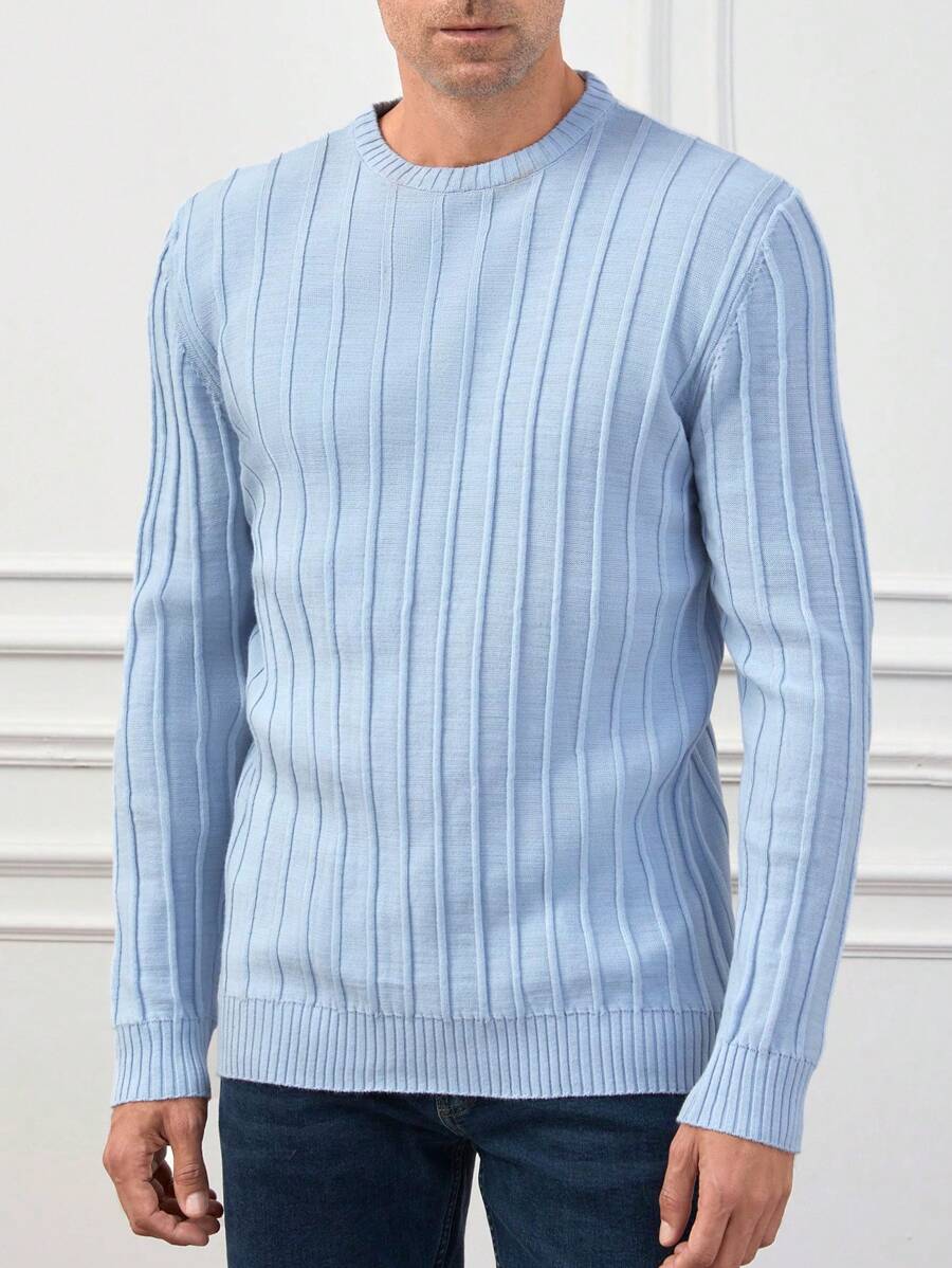 RueChic Men Solid Ribbed Knit Sweater - Blue - View 1