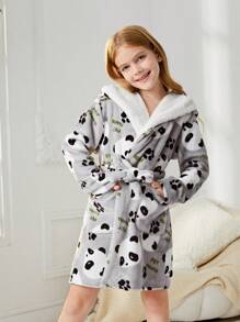 SHEIN Cô gái Tween Hình ảnh Panda & Chữ cái áo có mũ Thắt lưng Flannel Áo choàng ngủ - Màu Xám nhạt - Xem 1