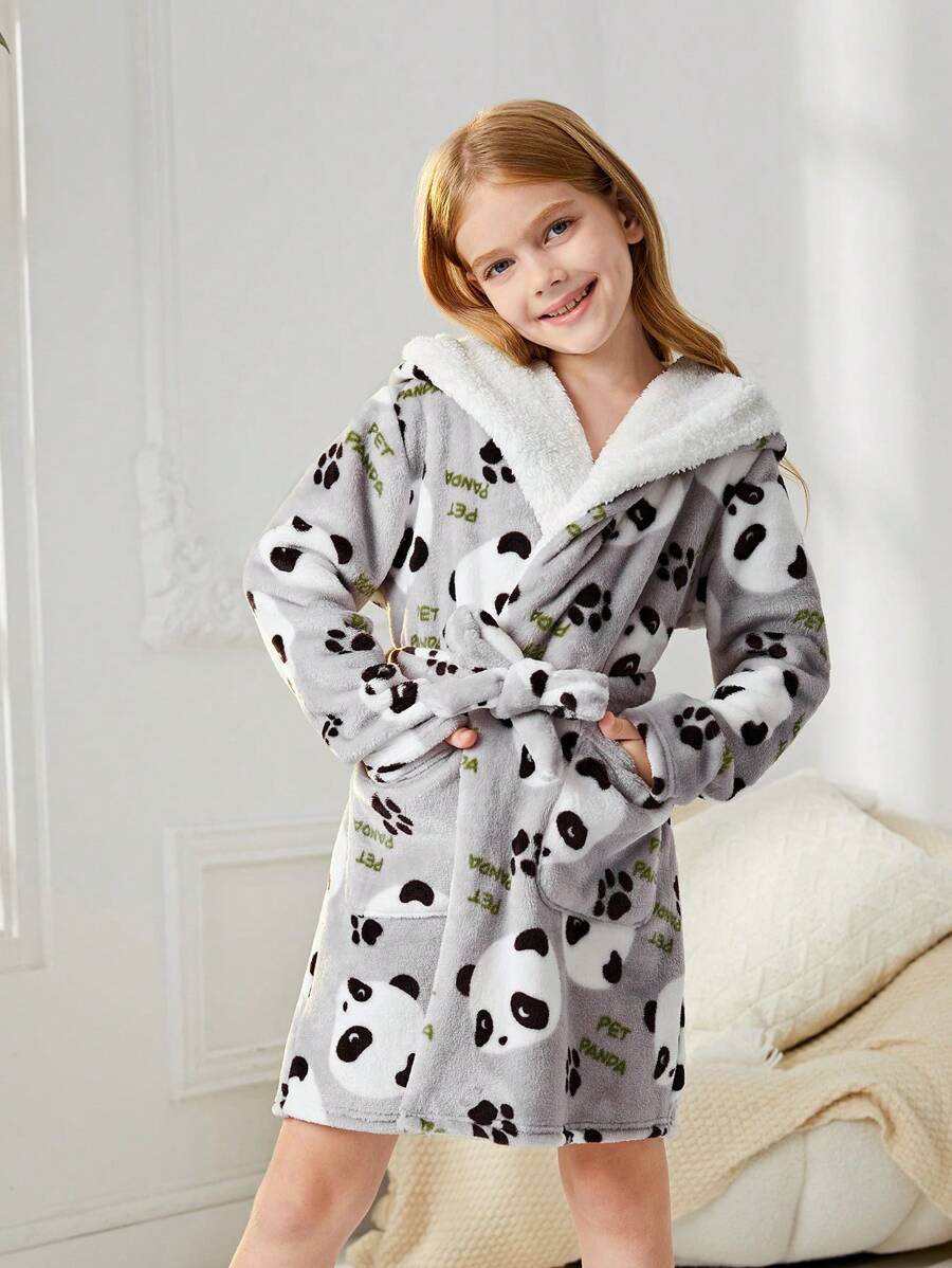 SHEIN Cô gái Tween Hình ảnh Panda & Chữ cái áo có mũ Thắt lưng Flannel Áo choàng ngủ - Màu Xám nhạt - Xem 1