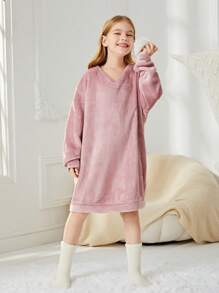 SHEIN Girls' Knitted Solid Color Plush V-neck Loose Mid-length Home Clothes - Pink - View 6