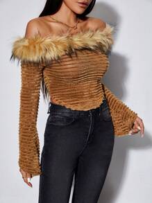 SHEIN PETITE Off Shoulder Trang trí Fuzzy Áo thun - Lạc đà - Xem 6