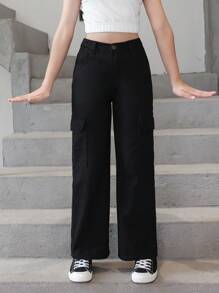 女大童側翻蓋口袋工裝牛仔褲 - 黑色 - 查看 1