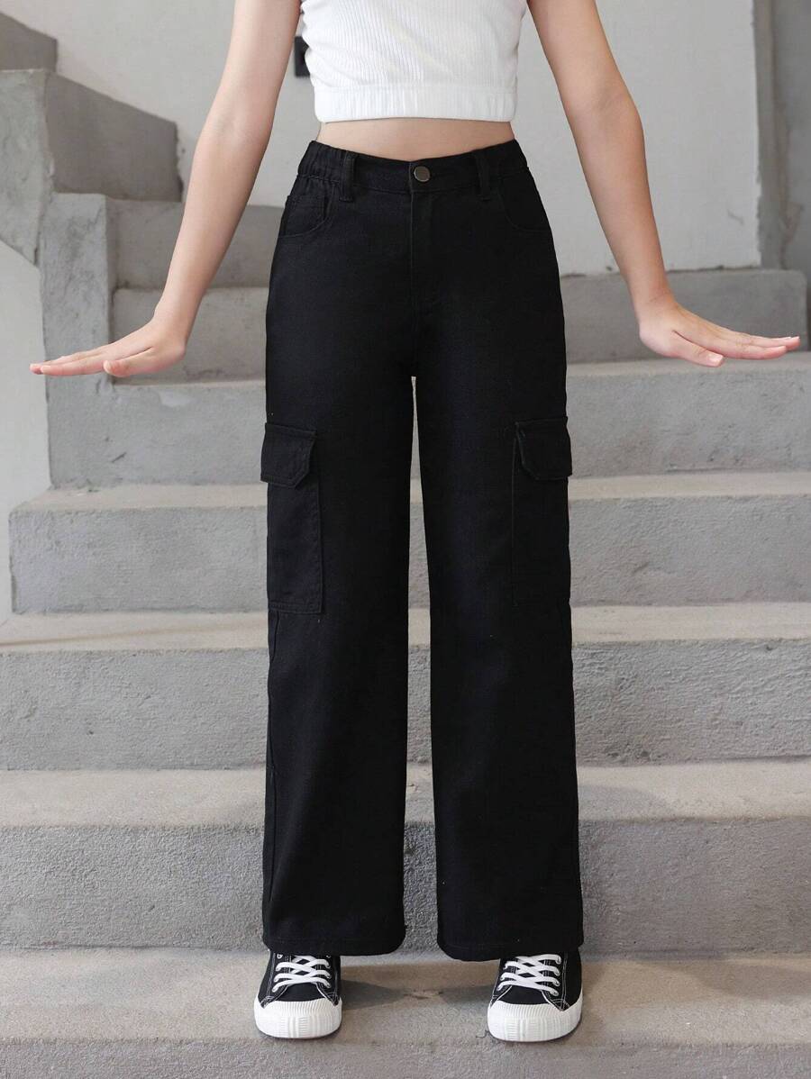 女大童側翻蓋口袋工裝牛仔褲 - 黑色 - 查看 1