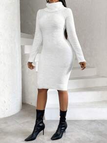 VaVaBold Vestido maxi de cuello alto de franela ajustado para mujer - Albaricoque - Ver 4