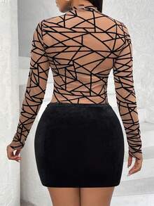 Chiquease Geo Print Mock Neck Mesh Top & Wrap Hem Bodycon Skirt - Black - View 2