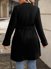 SHEIN LUNE Plus Solid Belted Overcoat - Black - View 2