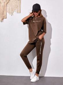 Cottnline Letter Graphic Drop Shoulder Tee & Sweatpants - Khaki - View 1