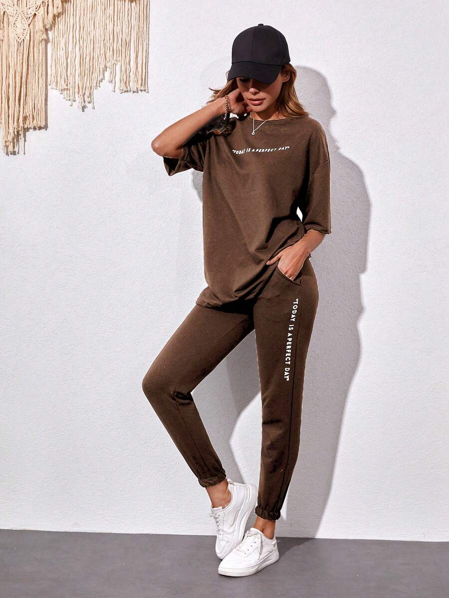Cottnline Letter Graphic Drop Shoulder Tee & Sweatpants - Khaki - View 1