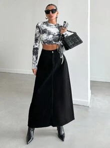 EURMUSE High Waist Slant Pocket Denim Skirt - Black - View 6