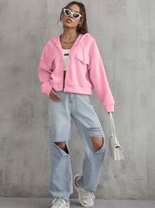 SHEIN EZwear 翻蓋細節落肩袖抽繩拉鍊連帽夾克 - 淺粉色 - 查看 4