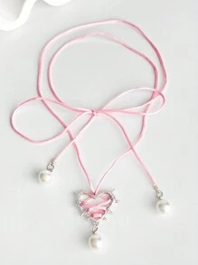 ROMWE Kawaii 1條流行的鐵合金心形設計人造珍珠裝飾項鍊,女士日常裝飾 - 粉色 - 查看 5