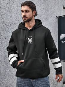 Manfinity Homme Men Plus Letter Graphic Kangaroo Pocket Drawstring Hooded Sweatshirt - Black - View 3