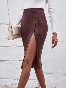 SHEIN Unity Nút phía trước Tách đùi Đồ đan Ribbed Váy - Cà phê nâu - Xem 5