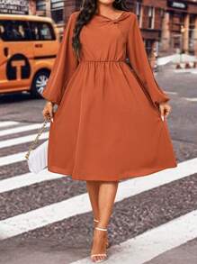 Celure Plus Asymmetrical Neck Lantern Sleeve Dress - Redwood - View 1