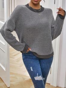 SHEIN Essnce Jersey ribete en contraste de hombros caídos - Gris - Ver 4