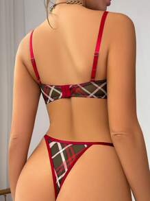 Plaid Print Mesh Underwire Lingerie Set - Multicolor - View 2