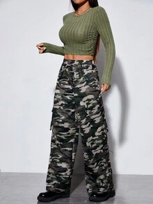 SHEIN PETITE Solid Crop Tee & Camo Print Wide Leg Pants - Army Green - View 5