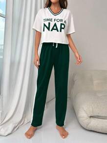 Bộ PJ / Bộ Pajama có họa tiết sọc trang trí dây rút eo - màu xanh lá - Xem 4