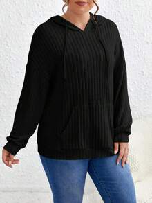 SHEIN Frenchy Áo nỉ cỡ lớn có túi kangaroo, vai rớt, dây rút. - màu đen - Xem 5