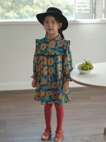 Young Girl Floral Print Frill Trim Flounce Sleeve Smock Dress - Blue - View 3