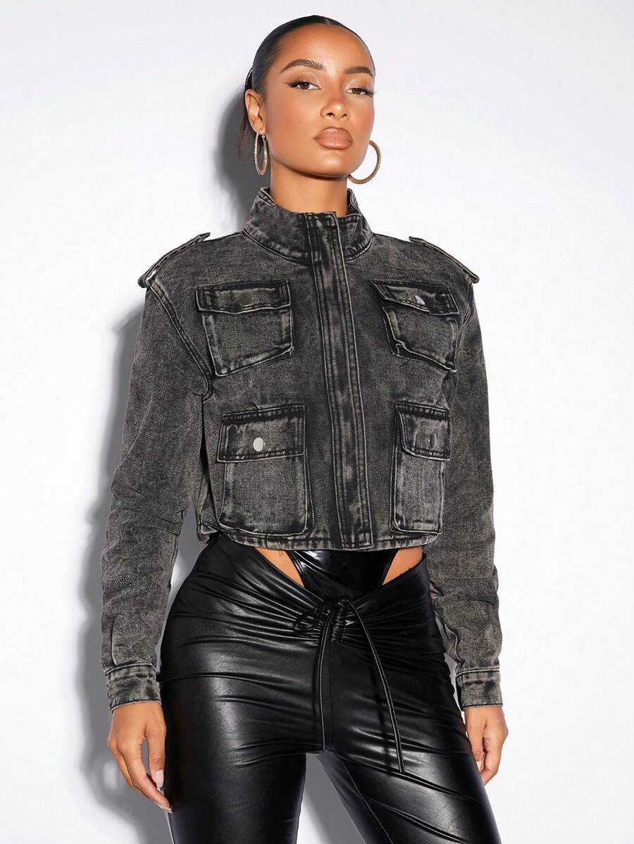 SHEIN BAE 翻蓋口袋短款牛仔夾克 - 灰色 - 查看 1