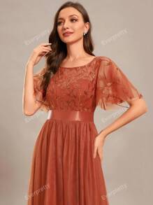 Flutter Sleeve Floral Sequin Dress Mesh Prom Formal Dress For Dinner Elegant Evening Dress Bridesmaid Dress For Wedding
