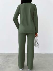 EURMUSE Solid Drop Shoulder Tee & Pants - Army Green - View 2
