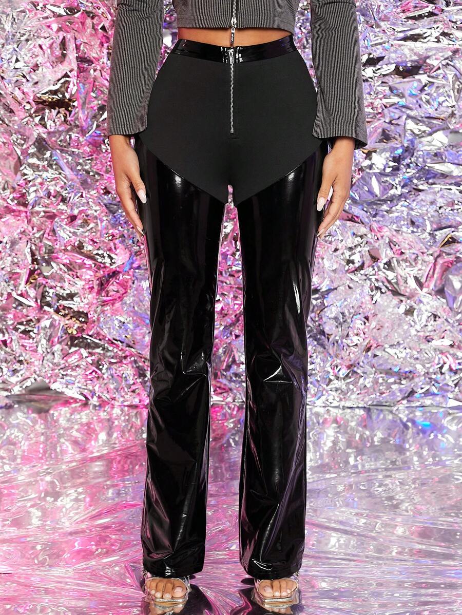 SHEIN PETITE 拉鏈開襟PU皮革長褲 - 黑色 - 查看 1