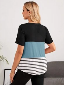 SHEIN Maternity Striped Print Colorblock Patched Pocket Nursing Detail Tee - Blue - View 2