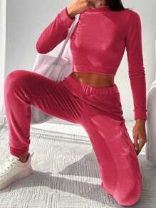 RueChic Mock Neck Crop Tee & Sweatpants - Pink - View 4