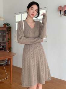 DAZY 纯色粗针织毛衣裙，秋季女装 - 咖啡棕 - 查看 1