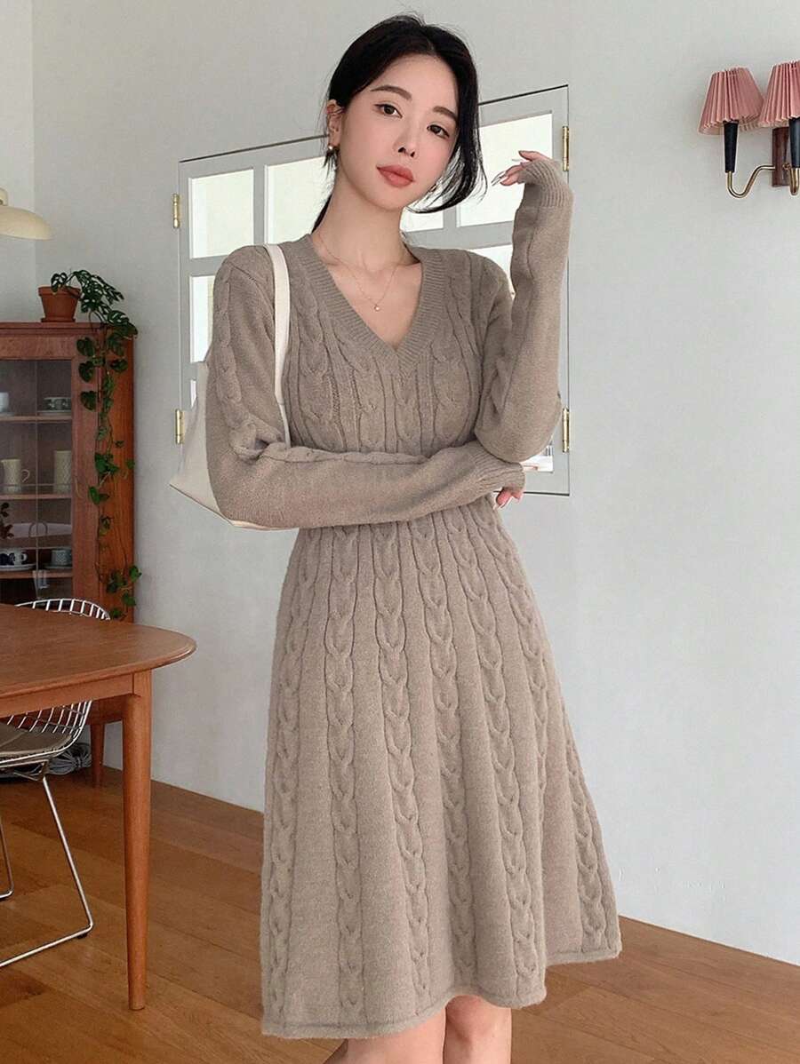 DAZY 纯色粗针织毛衣裙，秋季女装 - 咖啡棕 - 查看 1