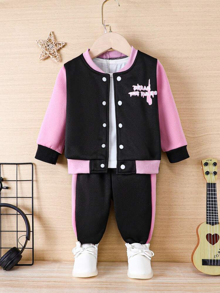 Baby Girl Letter Graphic Two Tone Jacket & Sweatpants