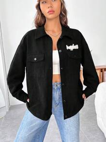 SHEIN EZwear Letter Graphic Flap Pocket Drop Shoulder Corduroy Coat - Black - View 4