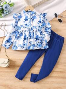SHEIN Cô Gái Trẻ In hoa Viền Ruffle Áo sơ mi Peplum & Xà cạp - Nhiều màu - Xem 1