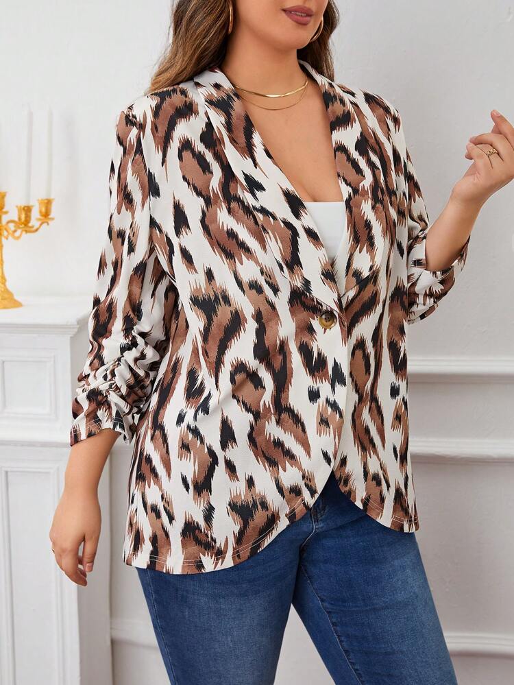 Plus Allover Print Shawl Collar Blazer