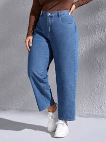 SHEIN LUNE 大碼高腰直筒牛仔褲 - 中等水洗藍 - 查看 1